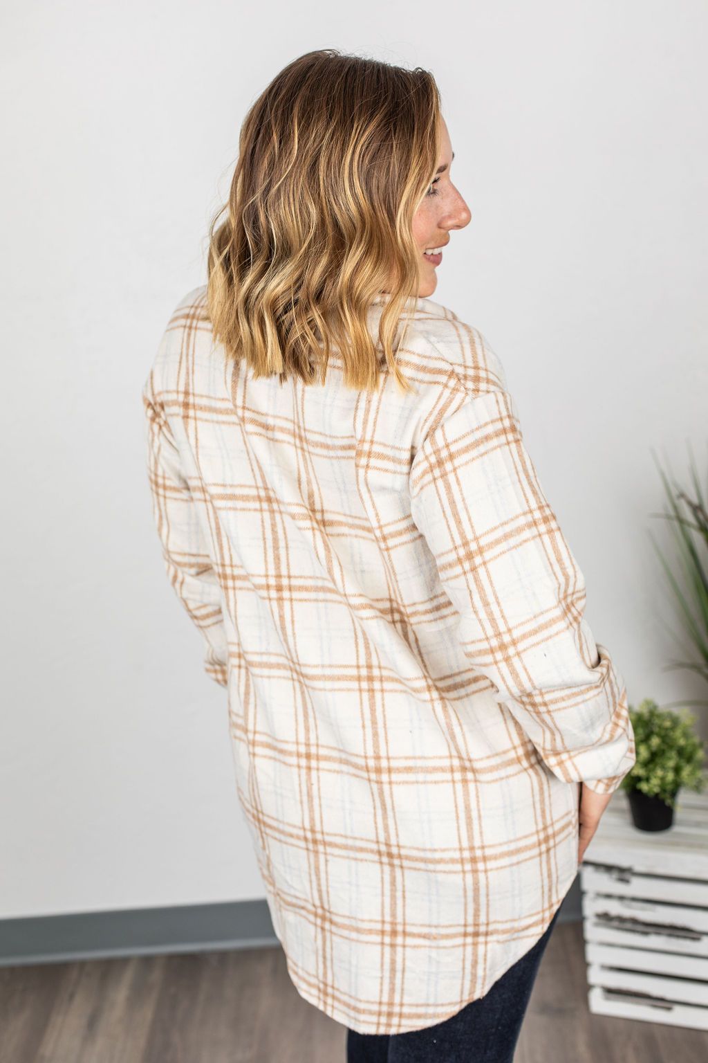 PREORDER | Dolly Long Plaid Shacket - Camel and Cream