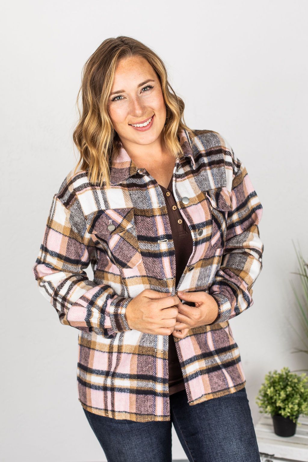 PREORDER | Molly Plaid Shacket - Pink and Brown