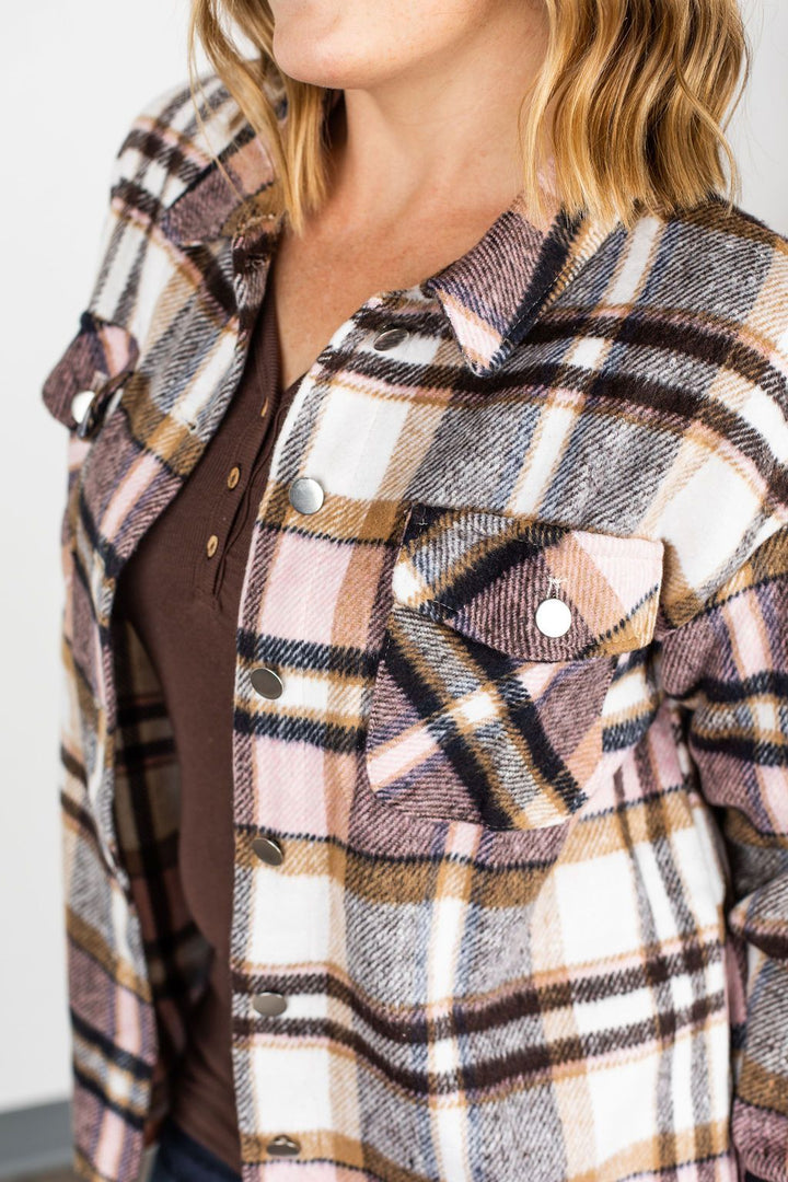 PREORDER | Molly Plaid Shacket - Pink and Brown