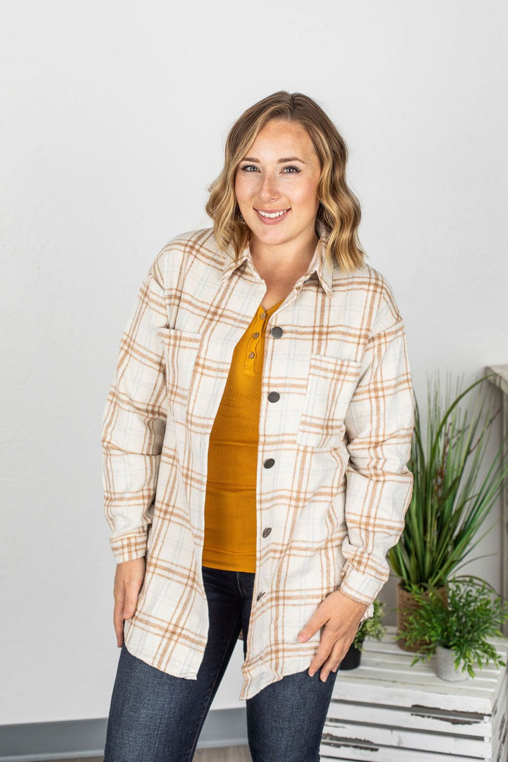 PREORDER | Dolly Long Plaid Shacket - Camel and Cream