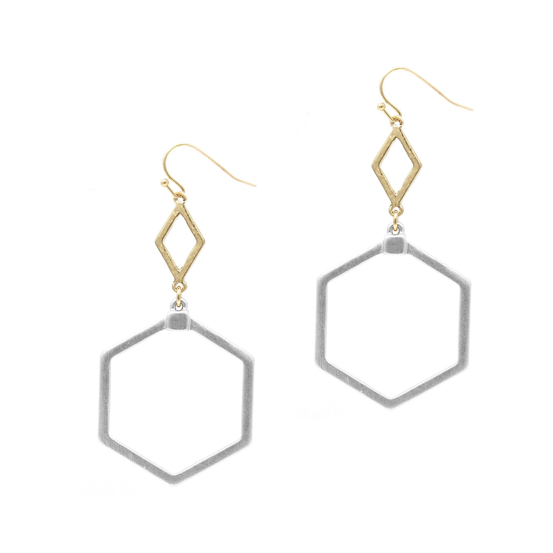 Gold Diamond and Silver Hexagon 2" Drop Earring