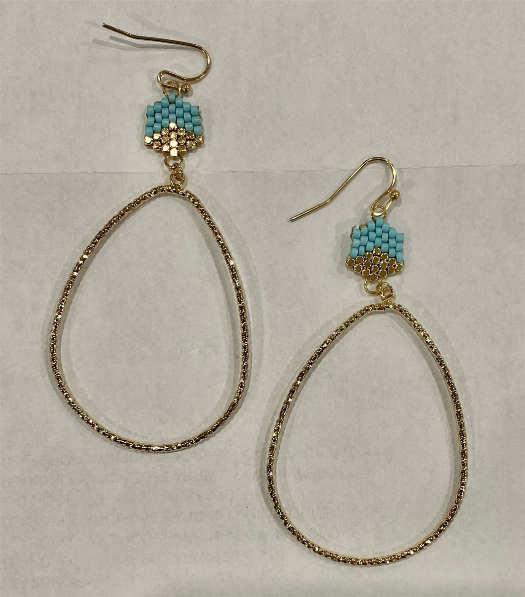 Teal and Gold Beaded Hexagon with Gold Teardrop 2" Earring
