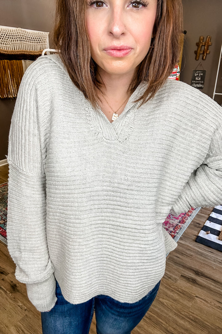 LONG SLEEVE COLLARED V NECK RIBBED KNIT SWEATER TOP