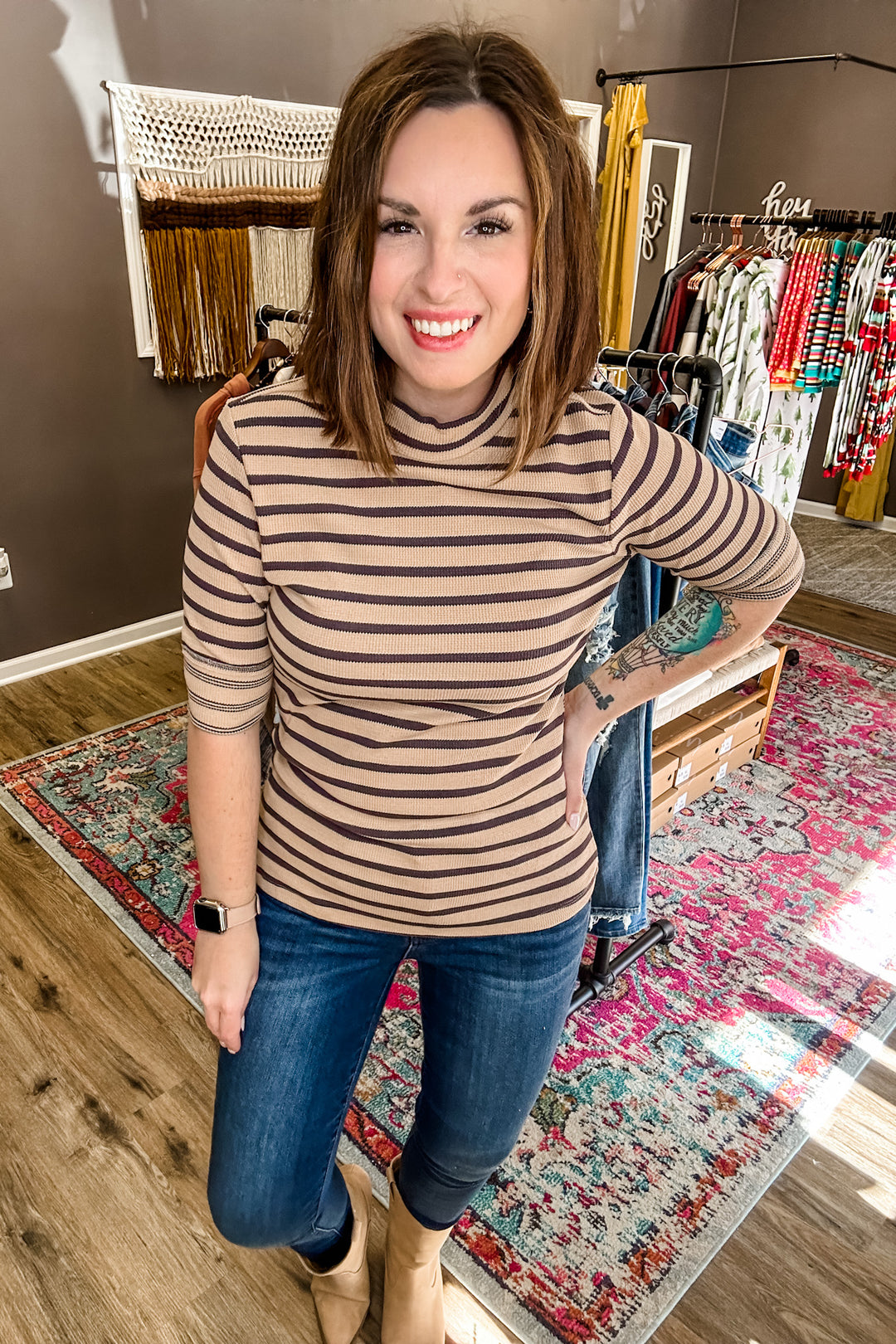 Stripe Mixed Knit Top