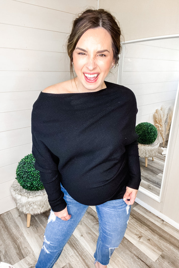 Fall Grace Ribbed Asymmetrical Knit Top In Black