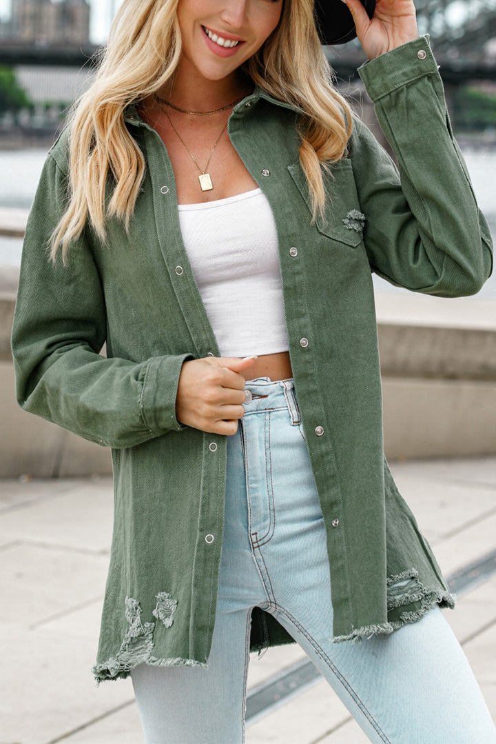 PREORDER | Green Casual Ripped Raw Hem Button Up Denim Jacket