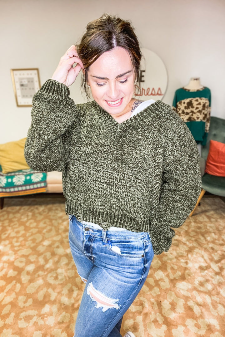 MIRACLE OLIVE DISTRESSED SWEATER - Shop Juni